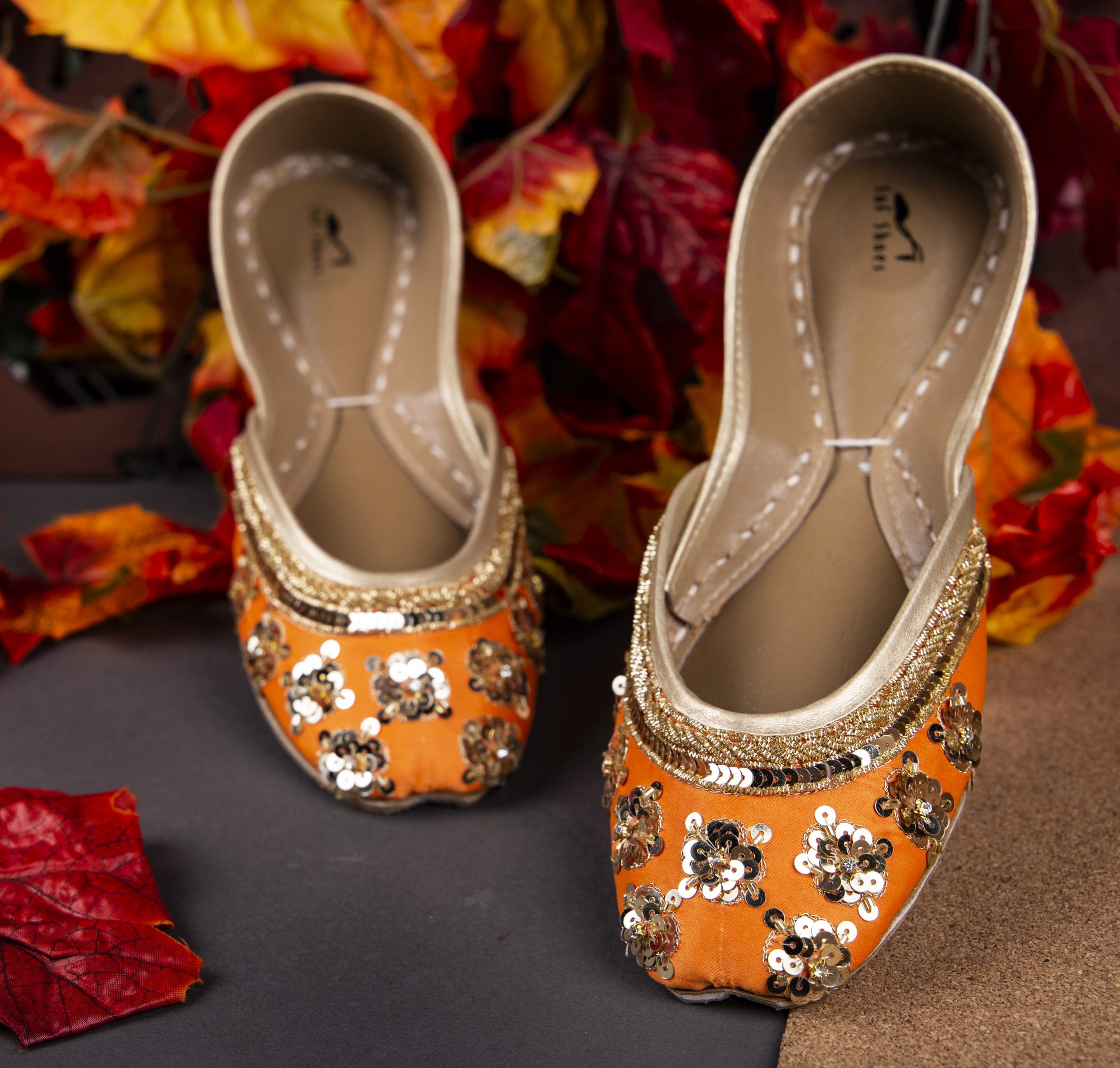 2132-Orange-or-scaled-1.jpg Orange embroidered khusa - 2132 - Image 1