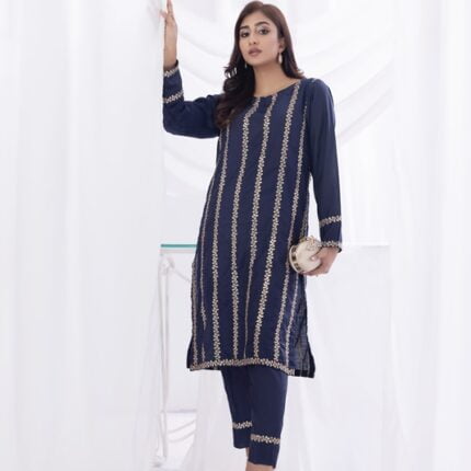 Navy Blue Embroidered 2 PC Dress