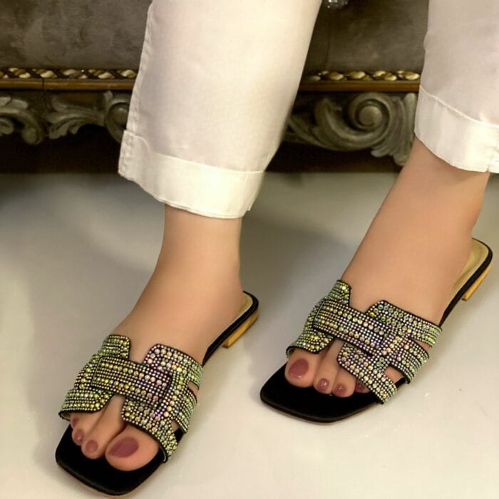 Black Flats In Glitter Beads-3344 - Image 3