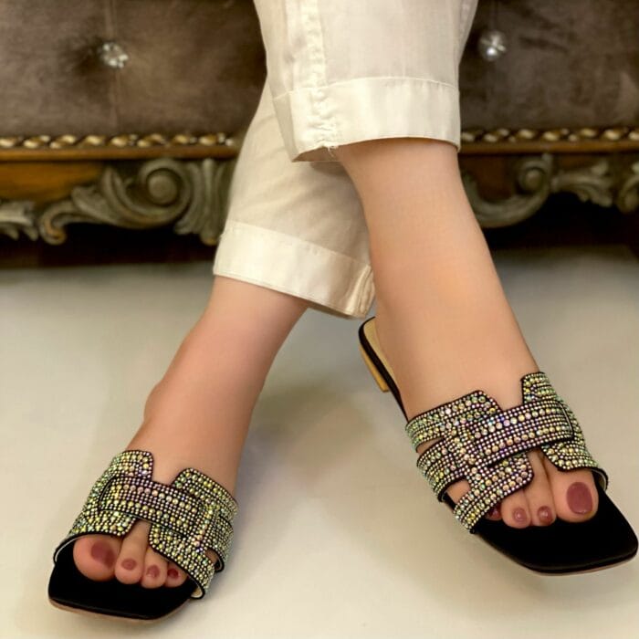 Black Flats In Glitter Beads-3344 - Image 2