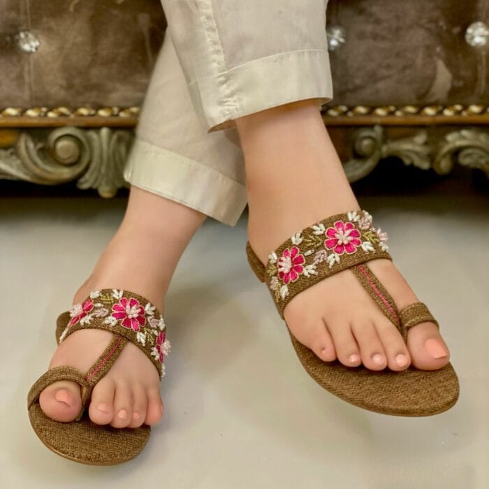 Brown Embroidered Jute Kolapuri-3355 - Image 3