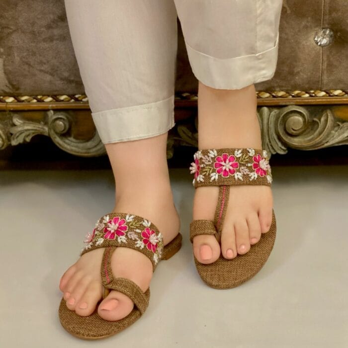 Brown Embroidered Jute Kolapuri-3355 - Image 2