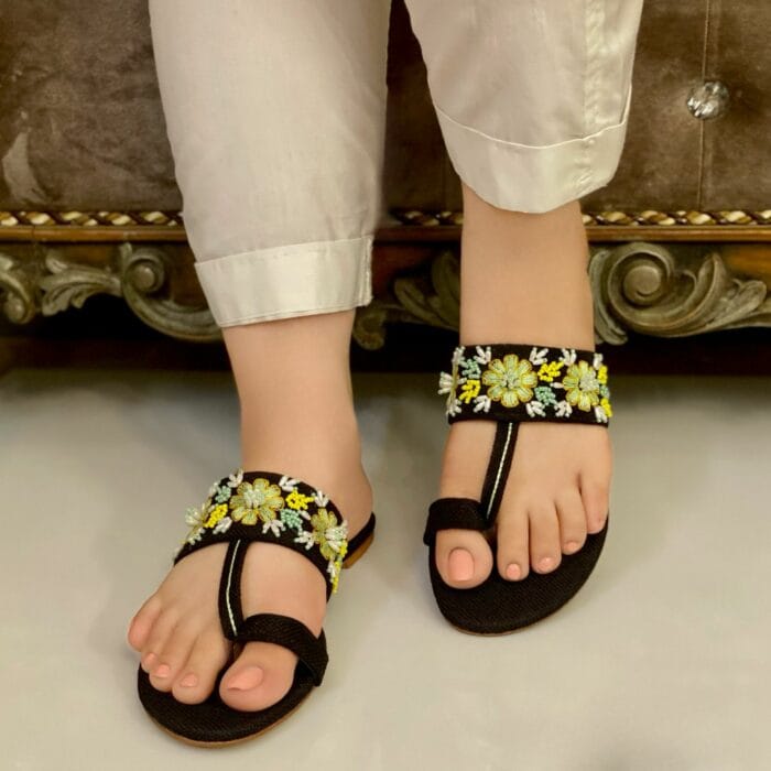 Black Embroidered Jute Kolapuri-3355 - Image 2