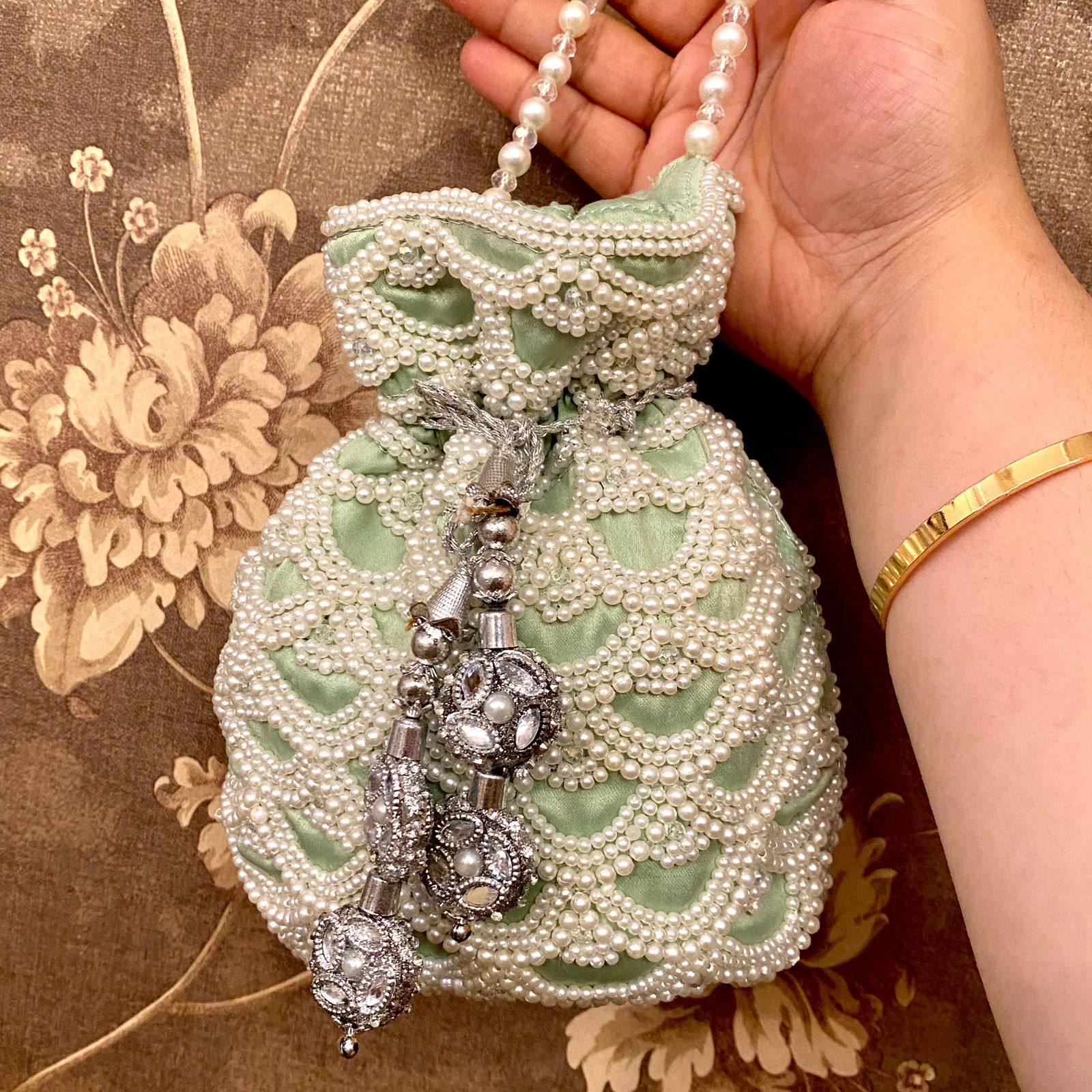 Mint Green Potli With White Pearls For Her Mint Green Potli With White Pearls For Her
