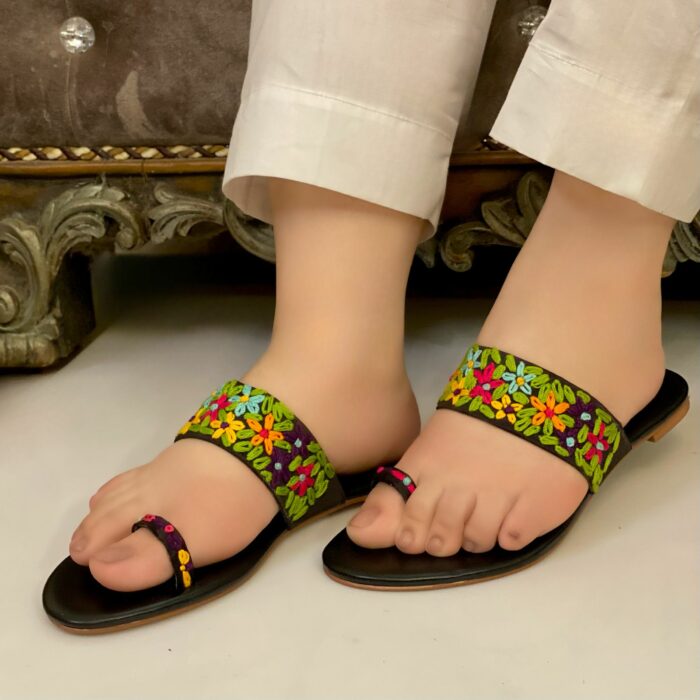 Black Flats With Thread Work Flower Embroidery-3377 - Image 2