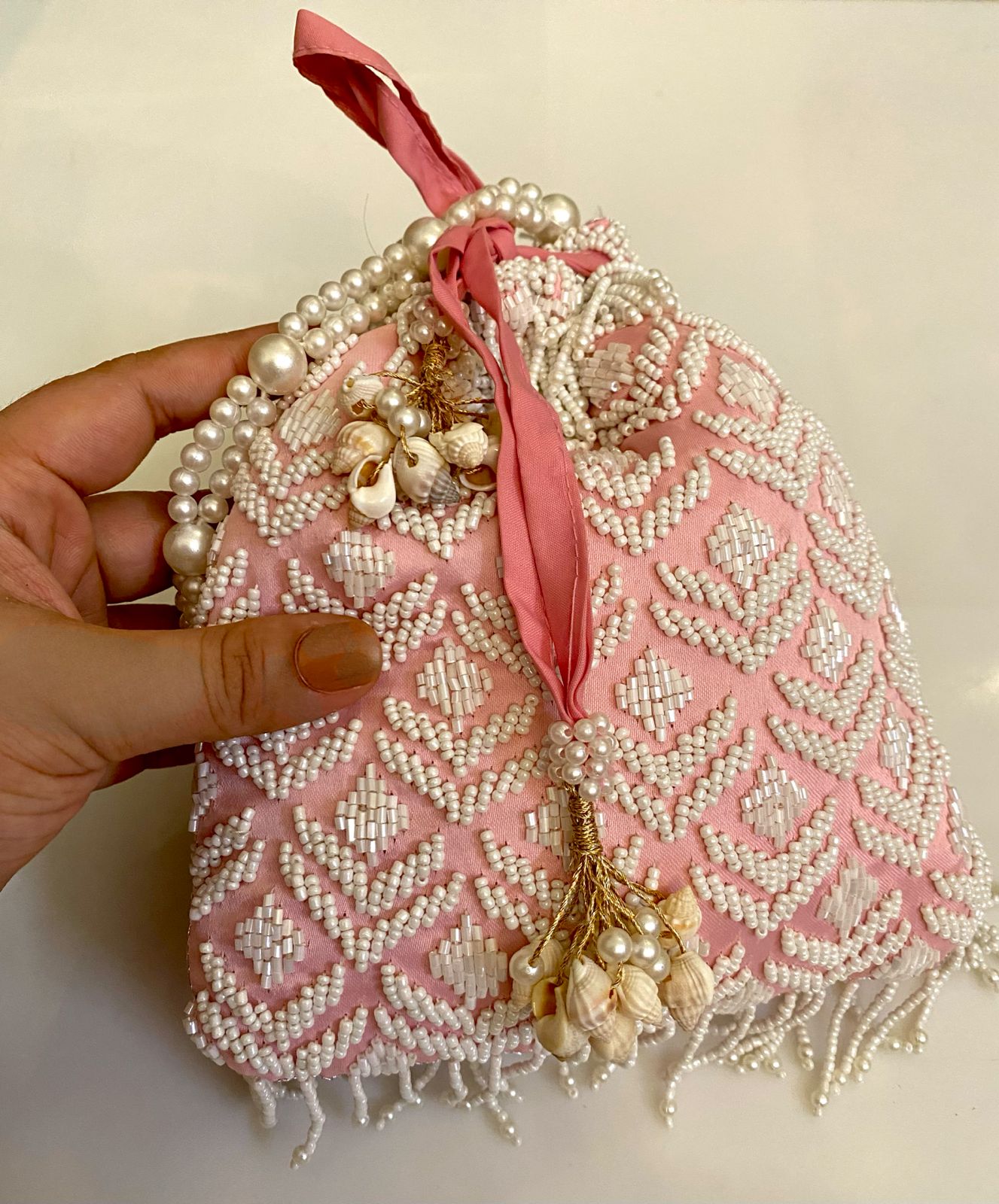 Light Pink Potli With White Pearls For her Light Pink Potli With White Pearls For her