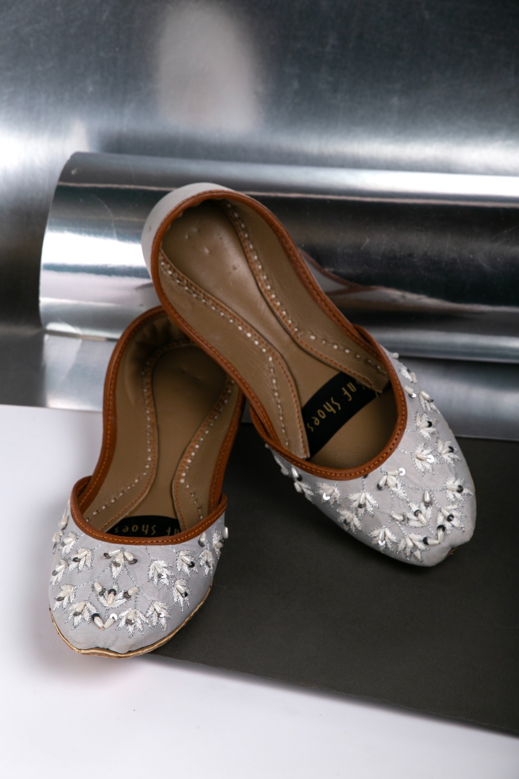 Silver Khussa With White Thread Work Silver Khussa With White Thread Work