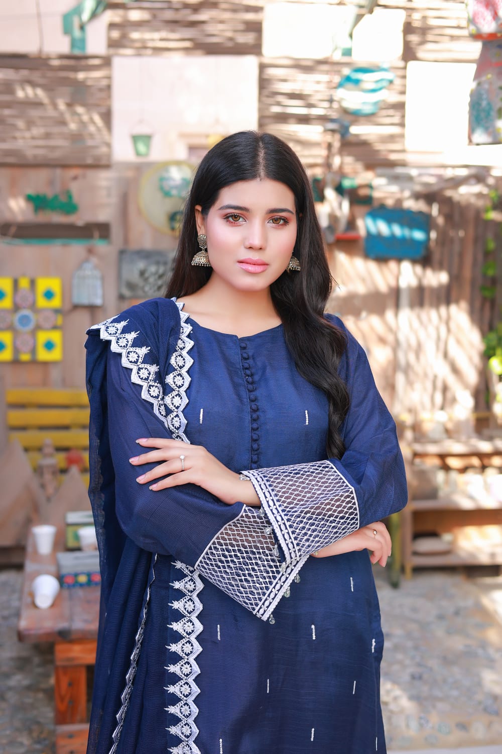 Unstitched Raw Silk suit Ocean Dusk - Embroidered Unstitched 3-piece suit - Image 1