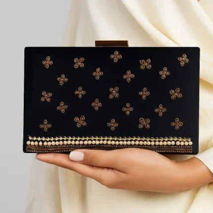 Black Clutch With Golden Embroidery-Cl-135