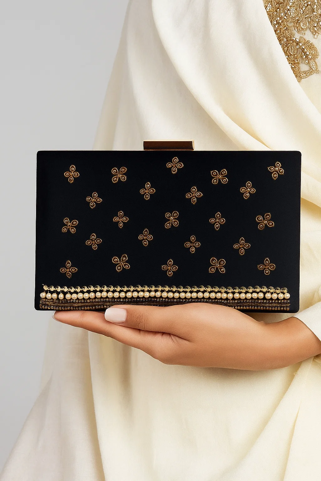 ---- Black Clutch With Golden Embroidery-Cl-135