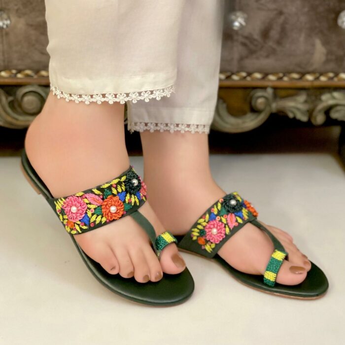 Green Kolapuri Flats With Thread Work Embroidered-3374 - Image 2