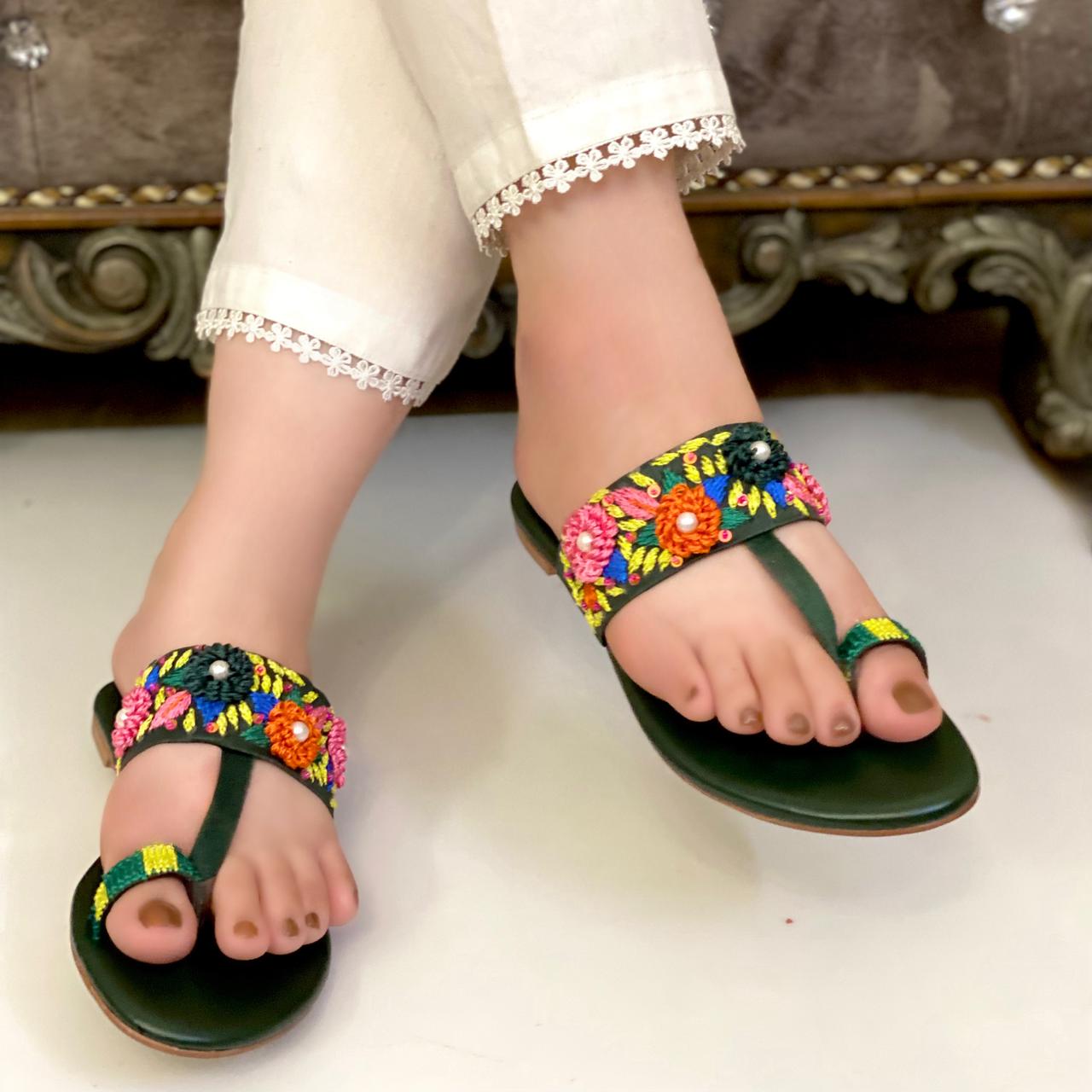 Green Flats With Thread Work Embroidered Green Flats With Thread Work Embroidered