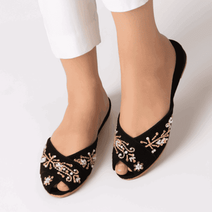 Peep Toes Embroidery Khussa In Black-2485