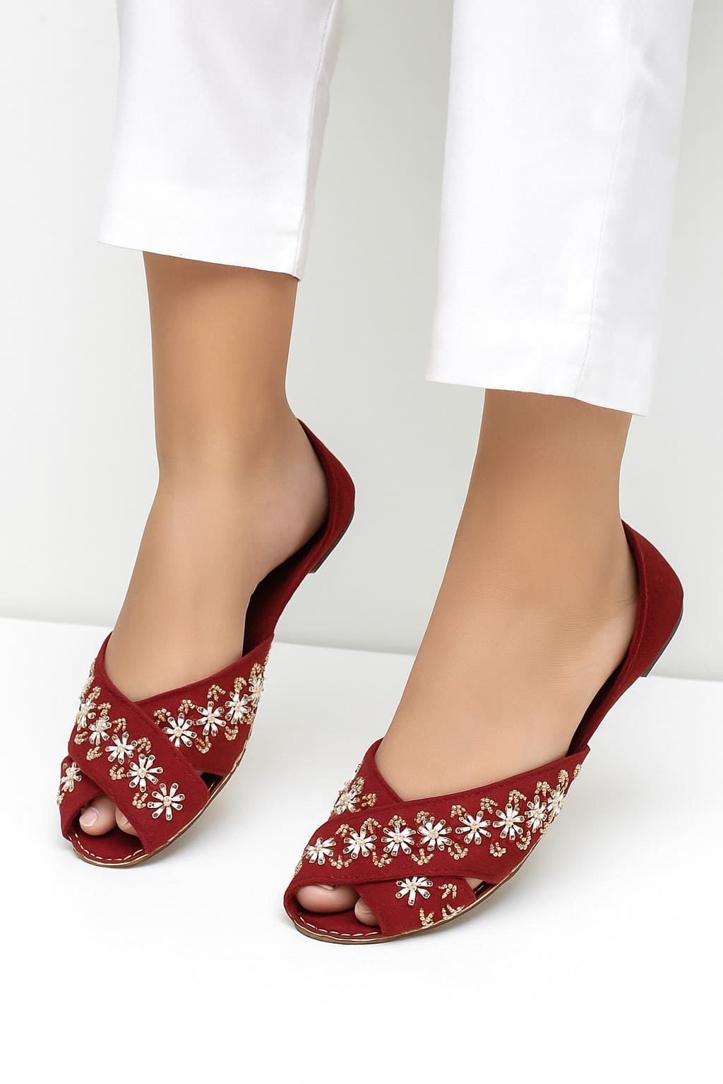 Peep Toes Embroidery Khussa In Maroon Peep Toes Embroidery Khussa In Maroon