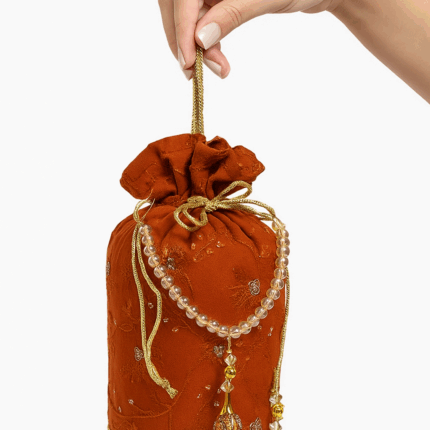 Rust Orange Embroidered Potli Bag For Her