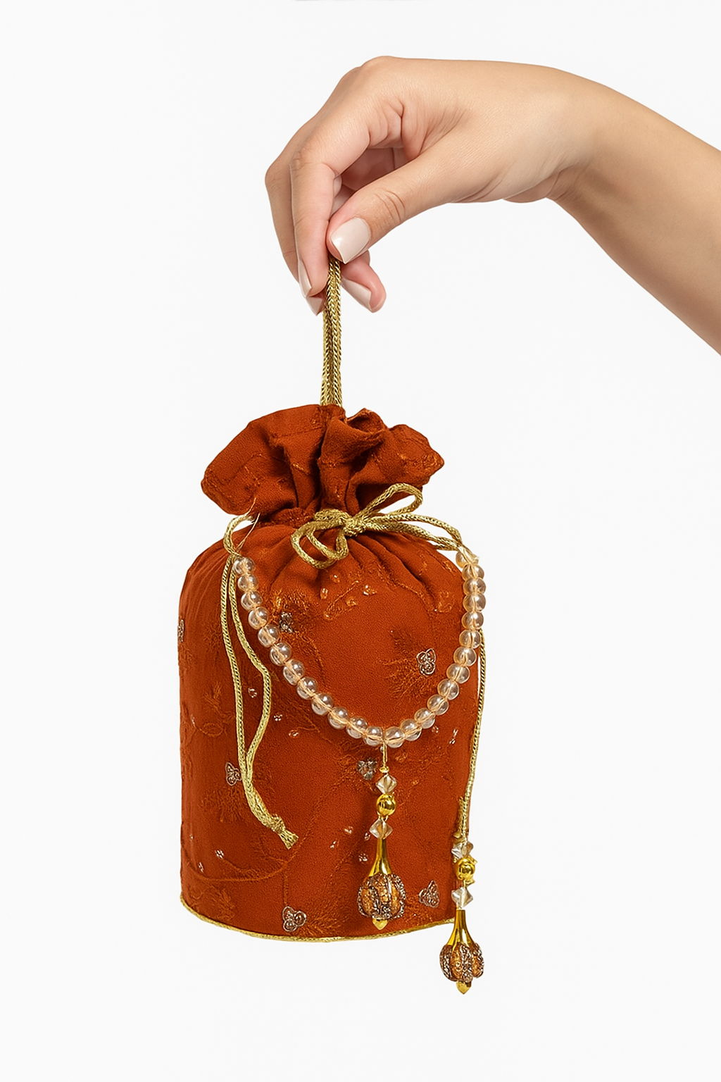 Rust Orange Embroidered Potli Bag For Her