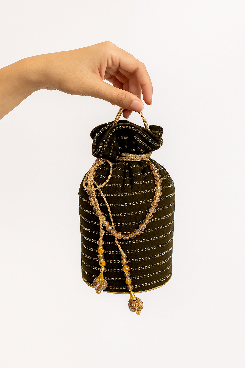 20250922_1925_Elegant Beaded Potli_remix_01k5rwwq08fjtt8r53vqgc8c71 Mehndi Green Sequence Potli Bag with Golden Beaded Tassels for her