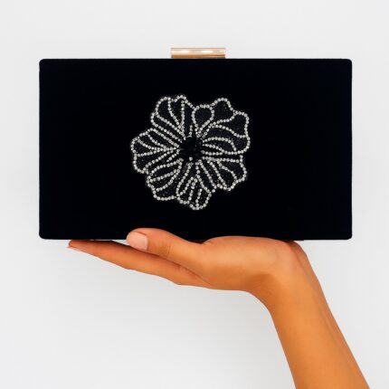 Black Clutch With Silver Flower Bunch-