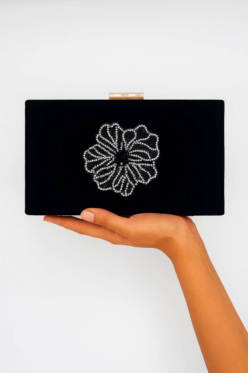 Black Clutch With Silver Flower Bunch- Black Clutch With Silver Flower Bunch-