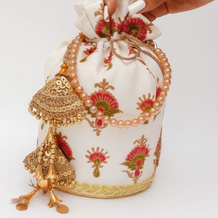 The Ivory Blossom Potli Bag with Golden Beaded Tassels For Her