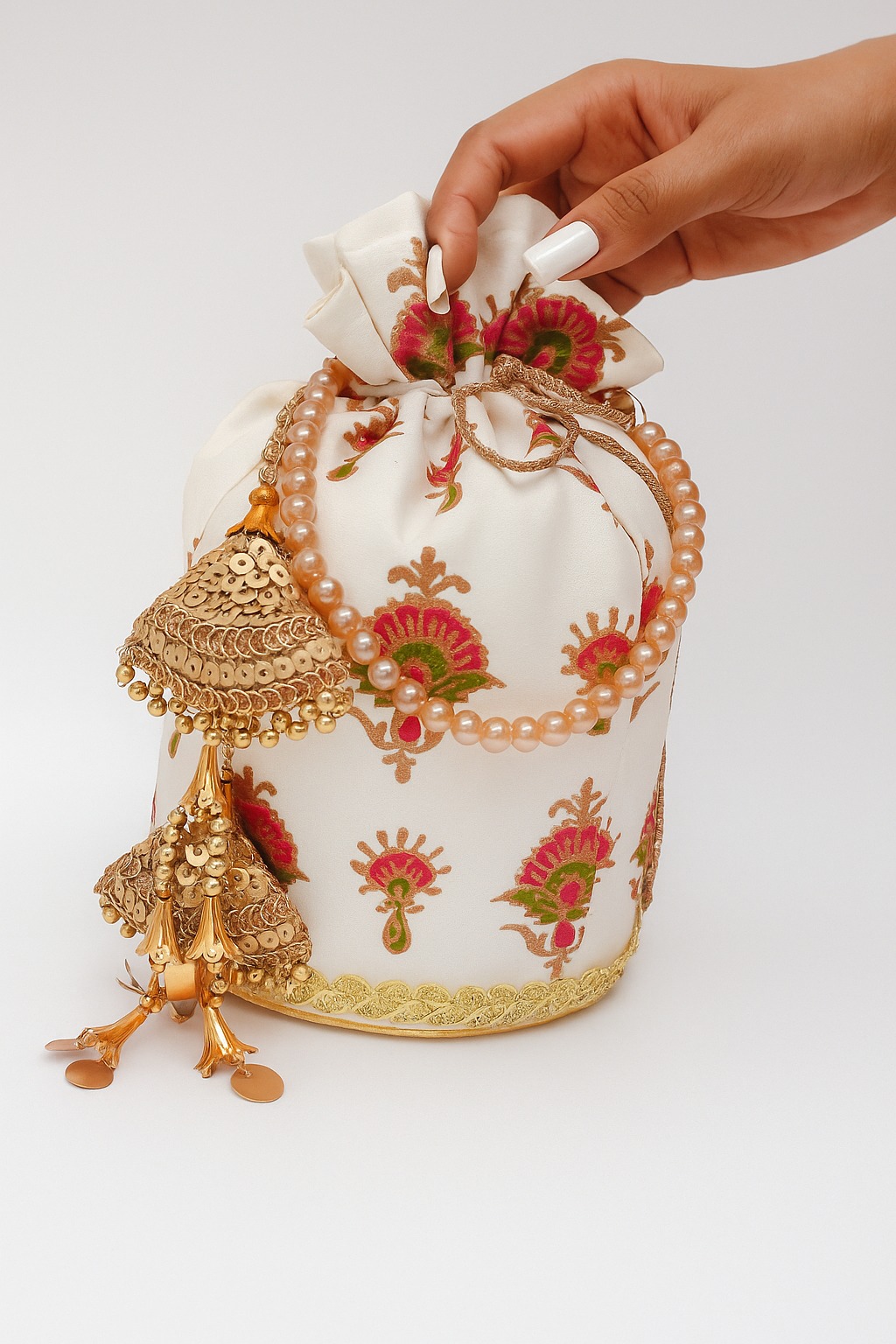 The Ivory Blossom Potli Bag with Golden Beaded Tassels For Her The Ivory Blossom Potli Bag with Golden Beaded Tassels For Her