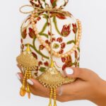 White digital Printing Potli Bag with Golden Beaded Tassels for her