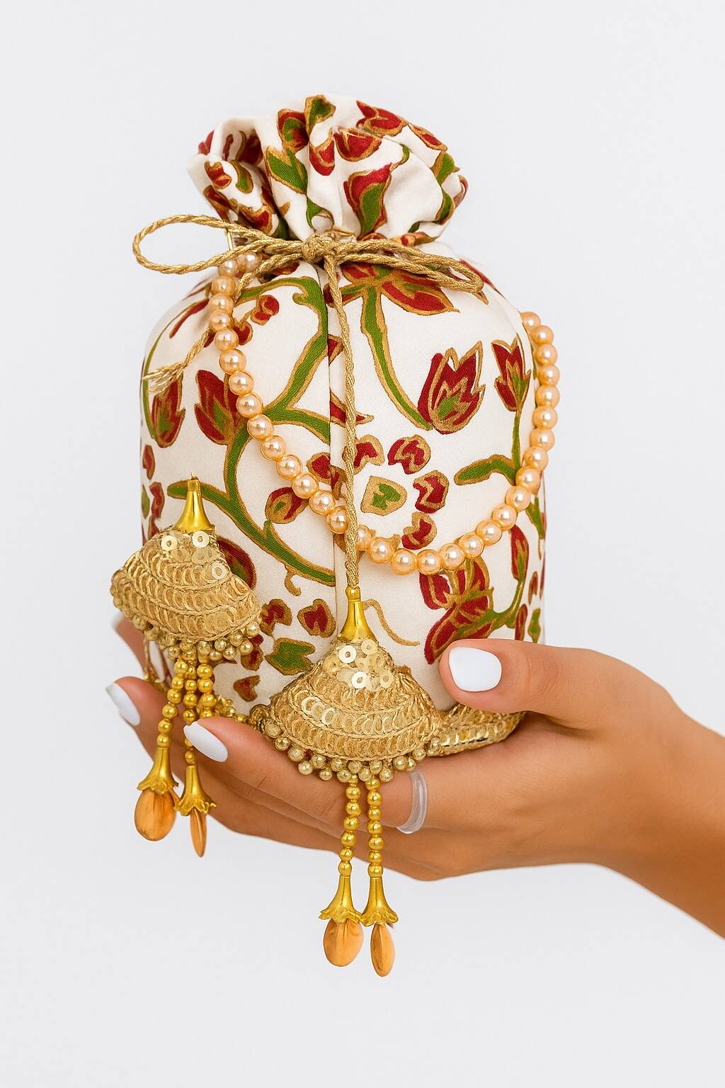 WhatsApp Image 2025-10-09 at 12.55.18 PM-min White digital Printing Potli Bag with Golden Beaded Tassels for her