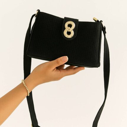 The Basketweave Black HandBag With Long Belt