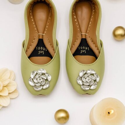 Light Green Khussa With Silver Buckle For Her-2505