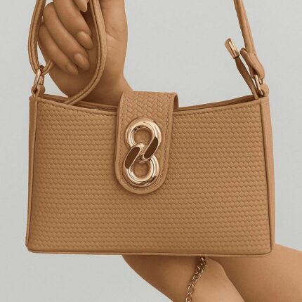 The Basketweave Beige HandBag With Long Belt