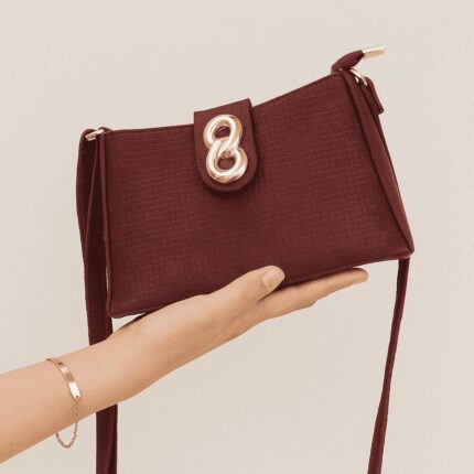 The Basketweave Maroon HandBag With Long Belt