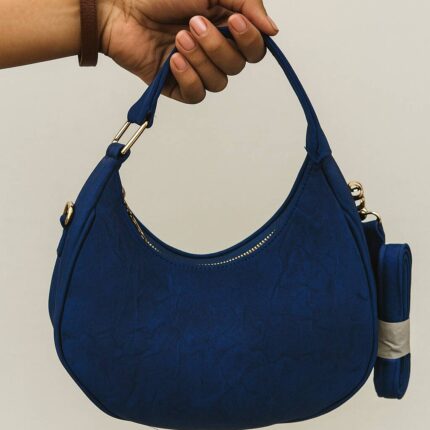 The Crescent Hobo Bag In Blue With Long Belt