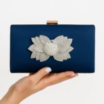 Teal Blue Clutch With Silver Flower Bunch-Cl-176