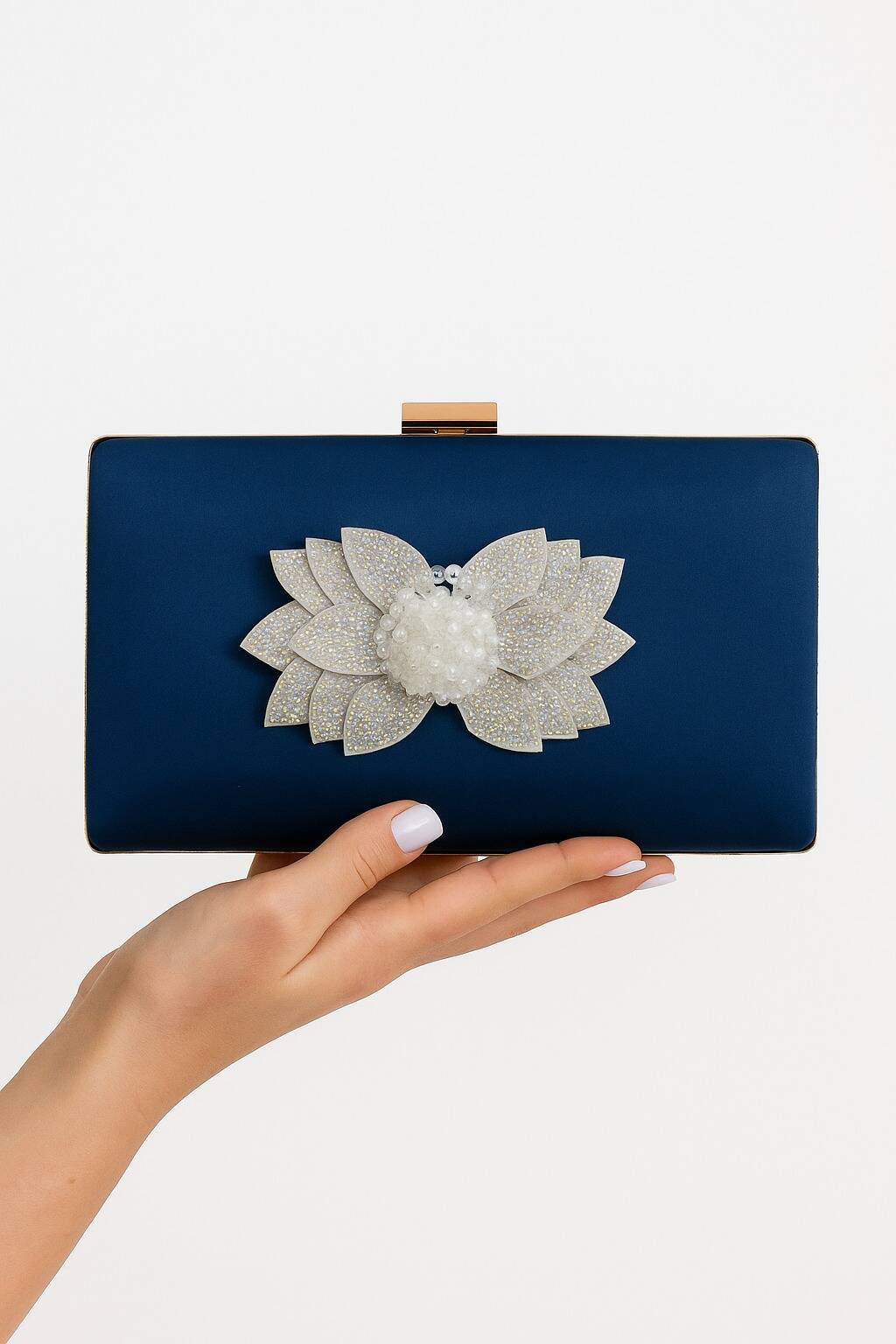 Teal Blue Clutch With Silver Flower Bunch-Cl-176 Teal Blue Clutch With Silver Flower Bunch-Cl-176