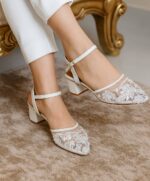 Embroidered White Block Heels Pumps For Her