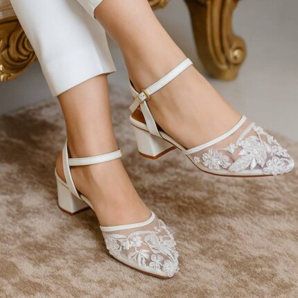 Embroidered White Block Heels Pumps For Her