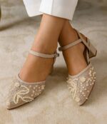 Embroidered Golden Block Heels Pumps For Her