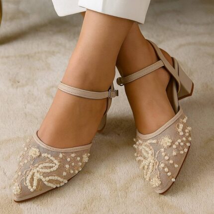 Embroidered Golden Block Heels Pumps For Her