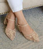 Embroidered Golden Block Heels Pumps For Her