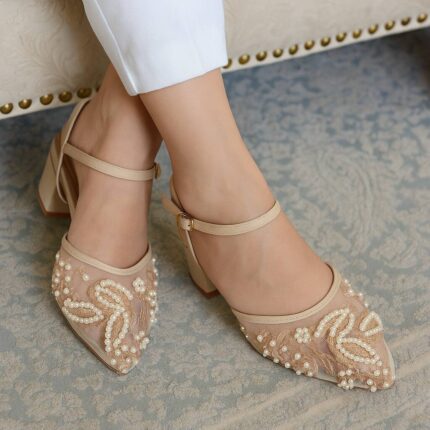 Embroidered Golden Block Heels Pumps For Her