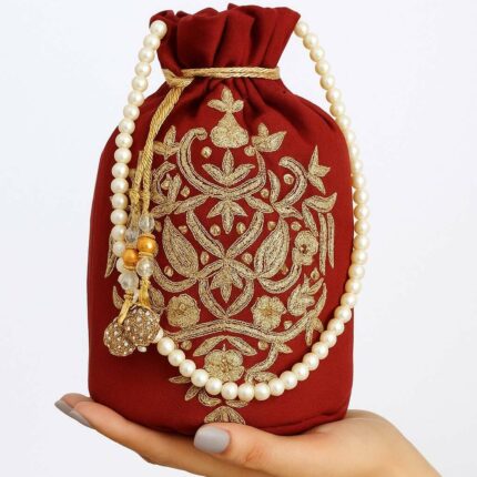 Maroon Potli With Golden Embroidery For Her