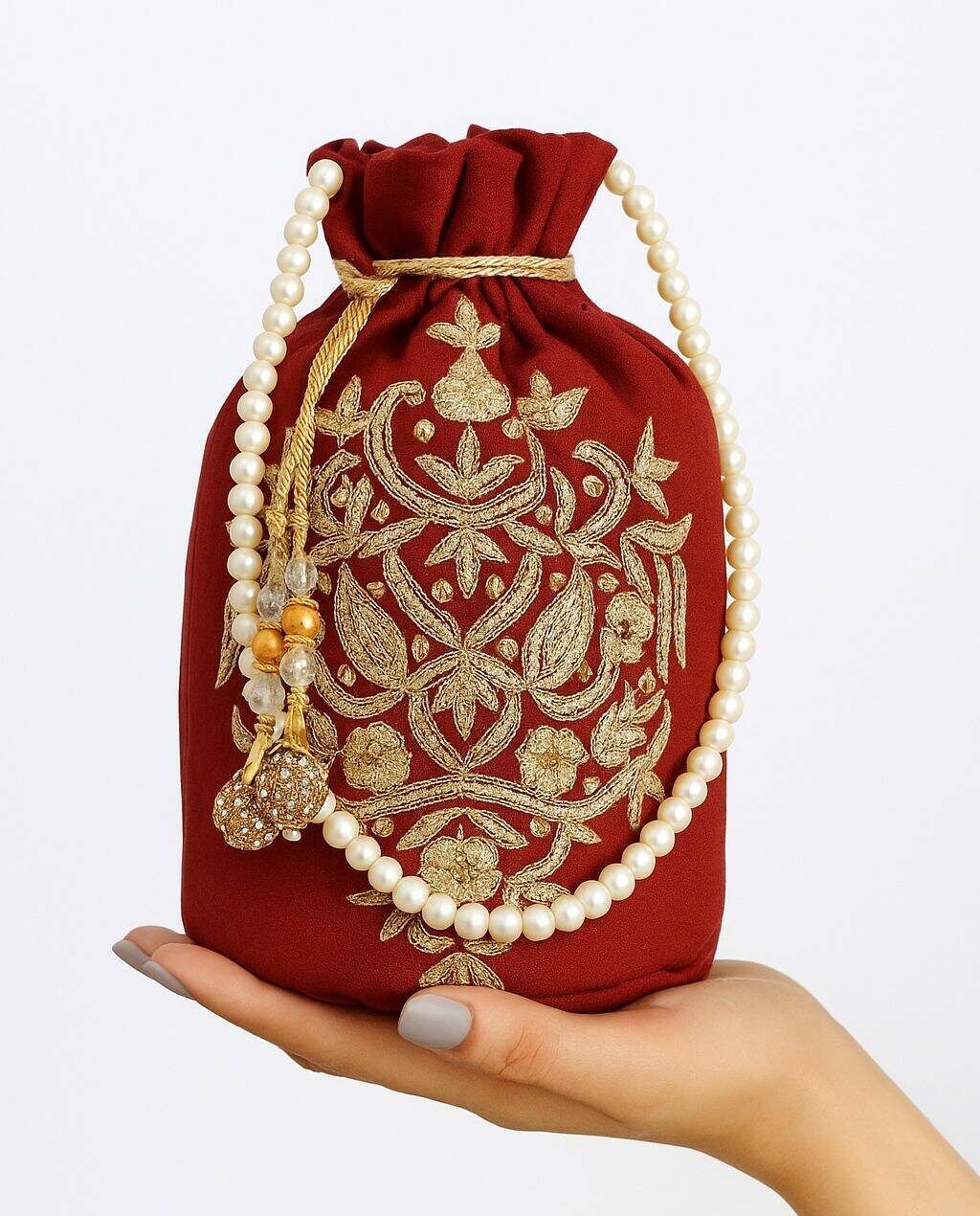 Maroon Potli With Golden Embroidery For Her Maroon Potli With Golden Embroidery For Her