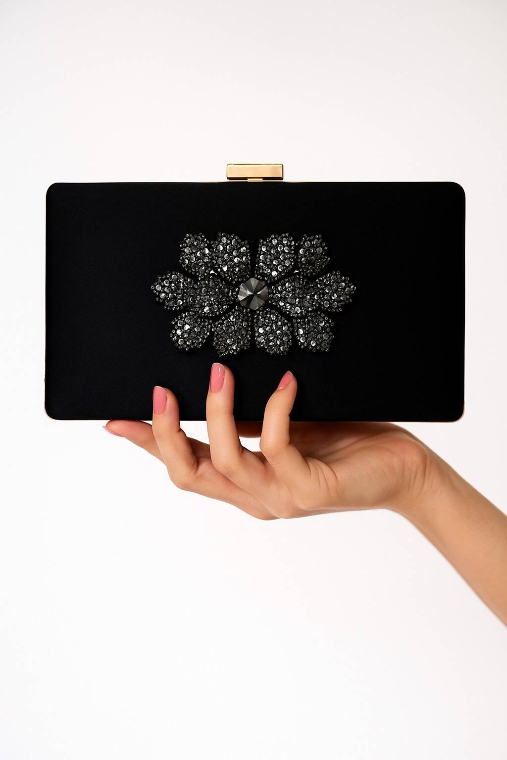 Black Crystal Flower Clutch For Her-CL-178 Black Crystal Flower Clutch For Her-CL-178
