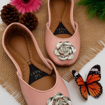 Light Pink Green Khussa With Silver Buckle For Her