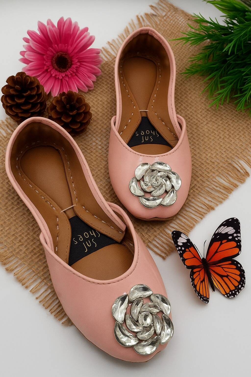 Light Pink Green Khussa With Silver Buckle For Her