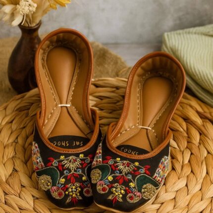 True Love Peacock embroidered Khussa Black