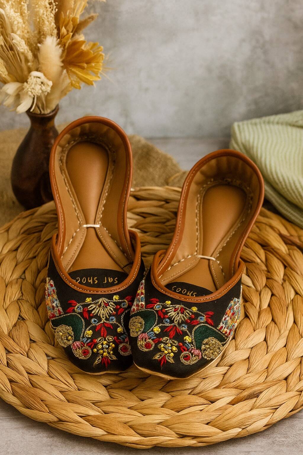 True Love Peacock embroidered Khussa Black